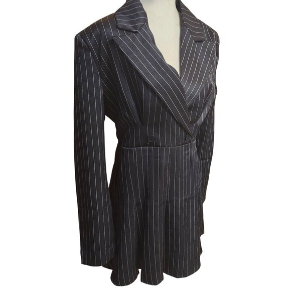 Cider Women's Size Medium Black Striped Split Button Blazer Mini Dress Pleated - Picture 2 of 10